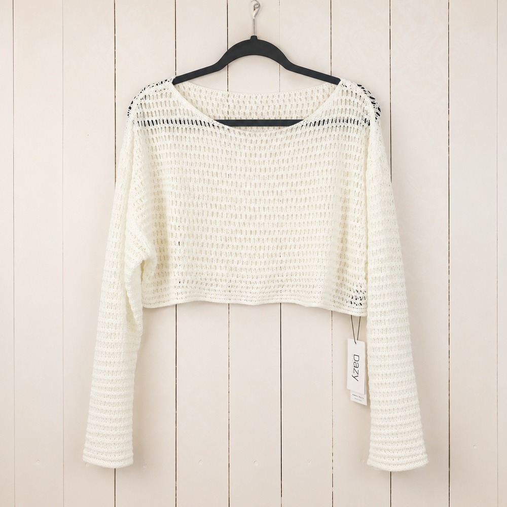 Dazy Crochet Knit Crop Top Women Medium White Long Sleeve Open Knit Sweater